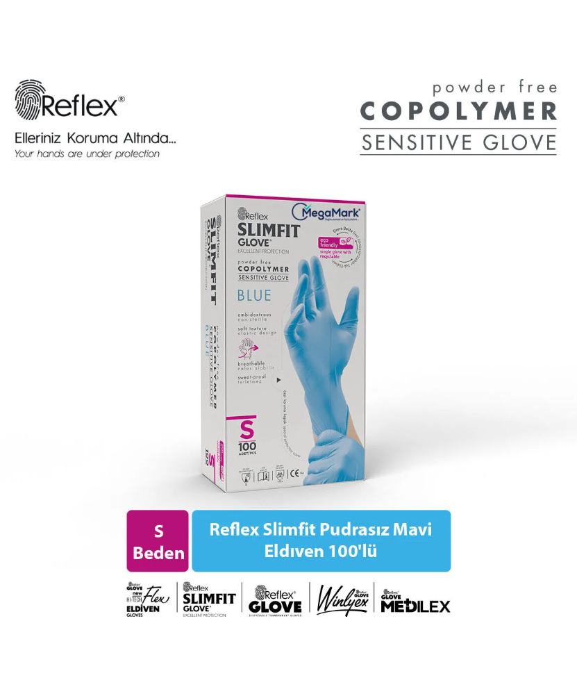 Reflex Pudrasız Muayene Eldiveni blue S 100lü 