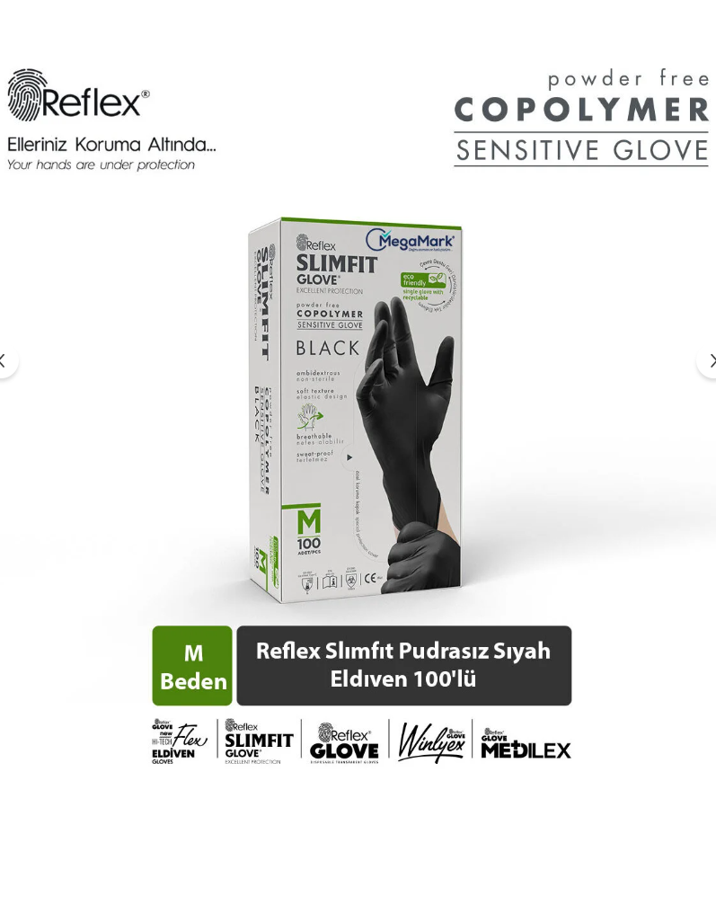 Reflex Pudrasız Muayene Eldiveni Black M 100lü