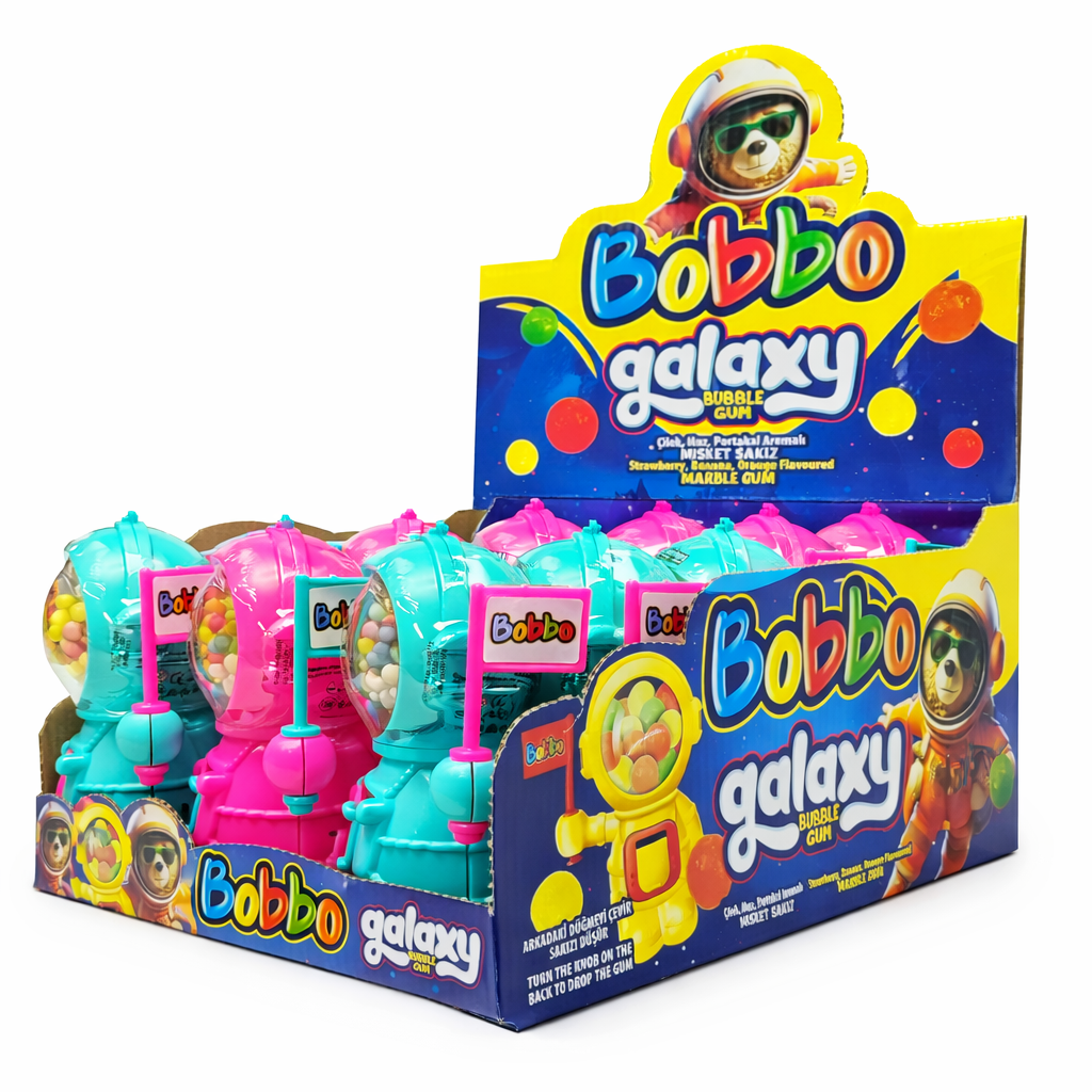 Bobbo Galaxy Çilek-Muz-Portakal Aromalı Misket Sakız 12'Li