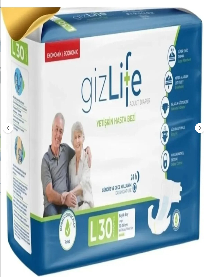 Gizlife Bel Bantlı Yetişkin Hasta Bezi Büyük Boy L 30 Adet
