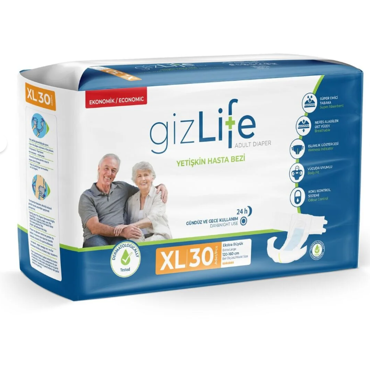 GIZLIFE Bel Bantlı Yetişkin Hasta Bezi Ekstra Büyük Boy Xl 30 Adet