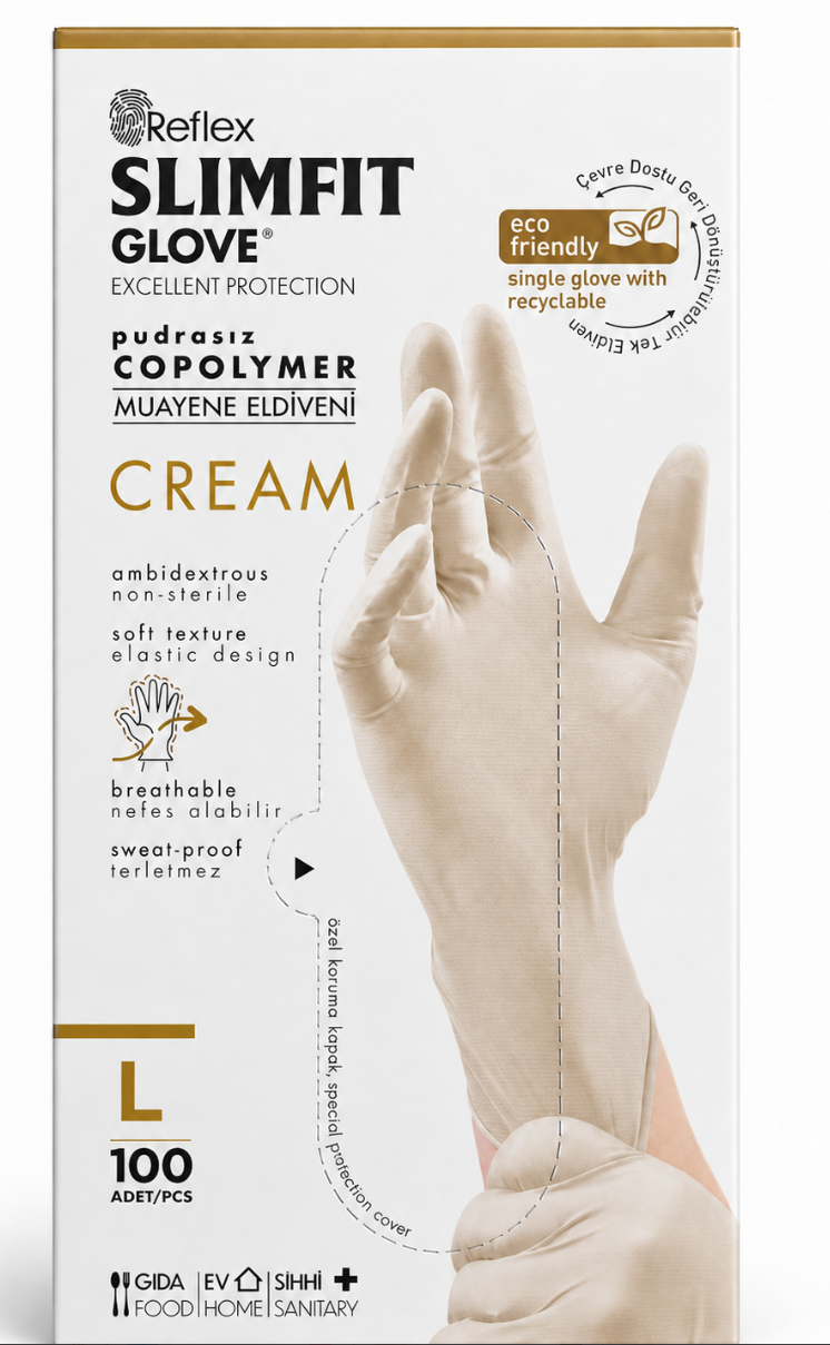Reflex Pudrasız Muayene Eldiveni Cream L 100lü