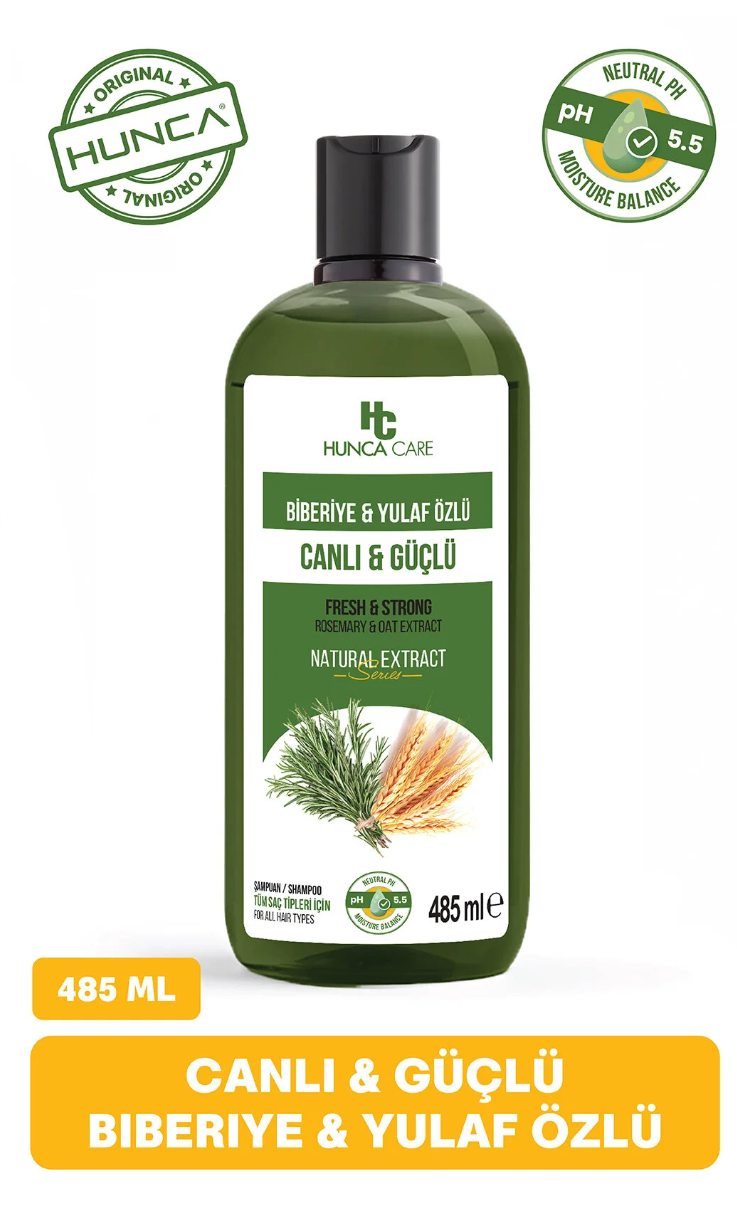 Hunca Care Biberiye ve Yulaf Özlü Şampuan, Güçlü Saçlar ve Hızlı Saç Uzamasına Yardımcı, 485 ml