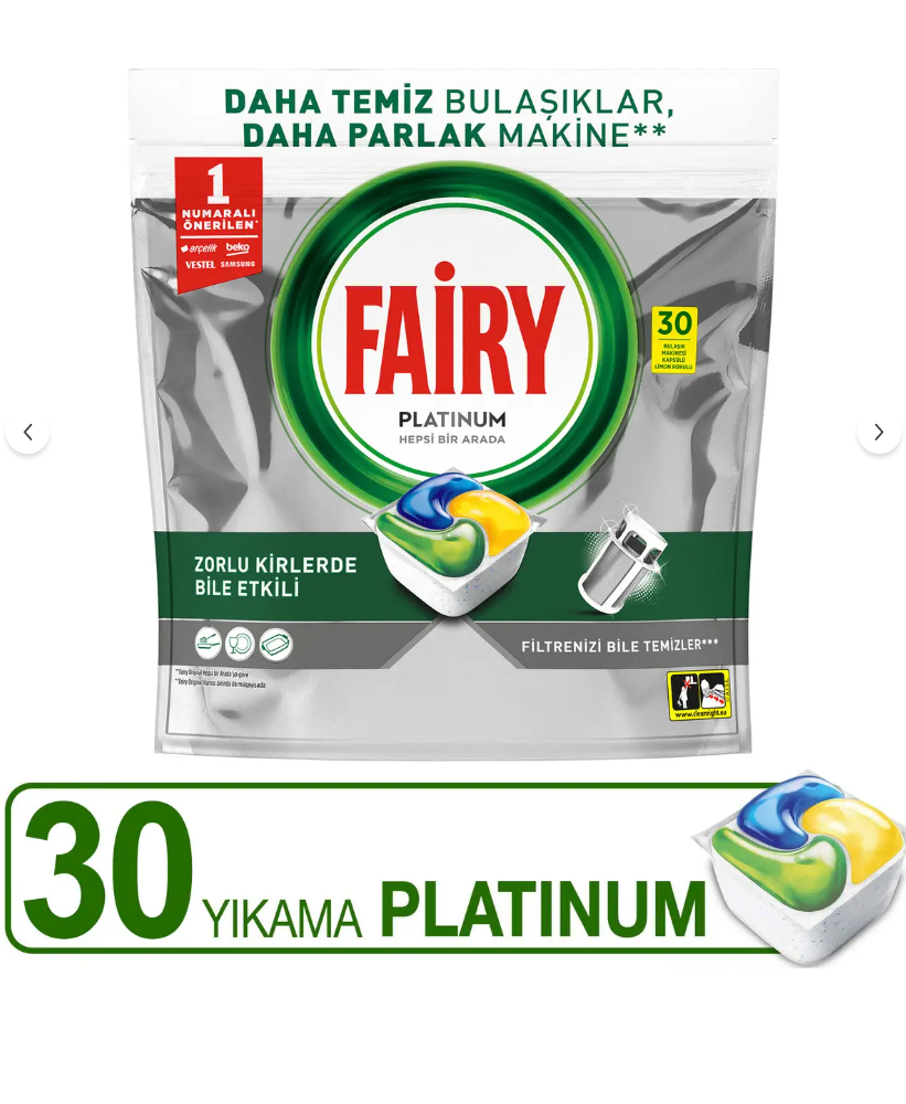 Fairy Platinum Hepsi Bir Arada Bulaşık Makinesi Tabletleri Limon, 30 Tablet