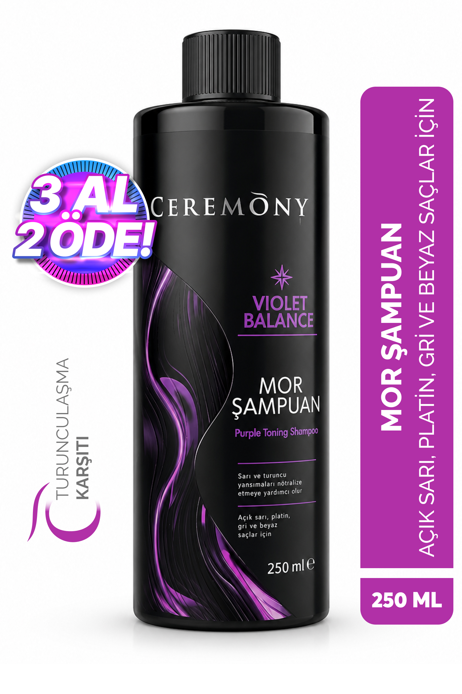 Ceremony Turunculaşma Karşıtı Mor Şampuan 250 ml | Açık Sarı, Platin, Gri ve Beyaz Saçlar İçin