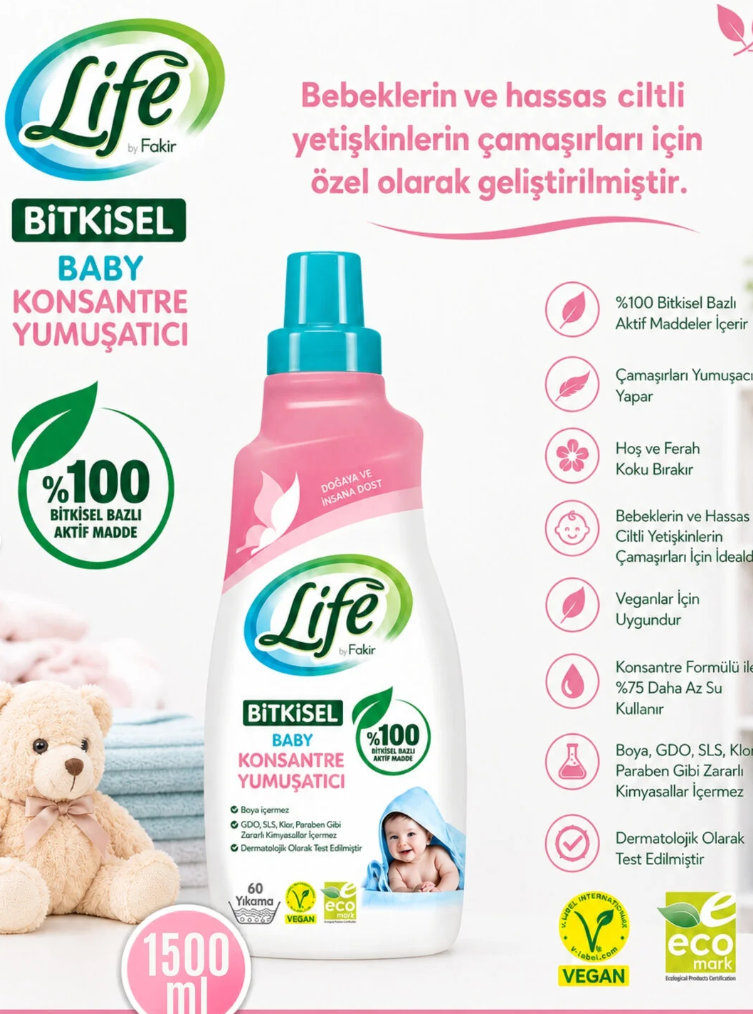 Life By Fakir Bitkisel Vegan Konsantre Bebek Çamaşır Yumuşatıcısı 1500 Ml-hipoalerjenik,%100 Doğal Temizlik