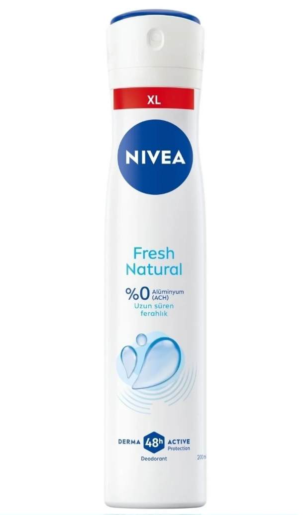 NIVEA Kadın Fresh Natural Sprey Deodorant 200ml, 48 Saat Ter Koruması, Alüminyum İçermez, Pudrasız
