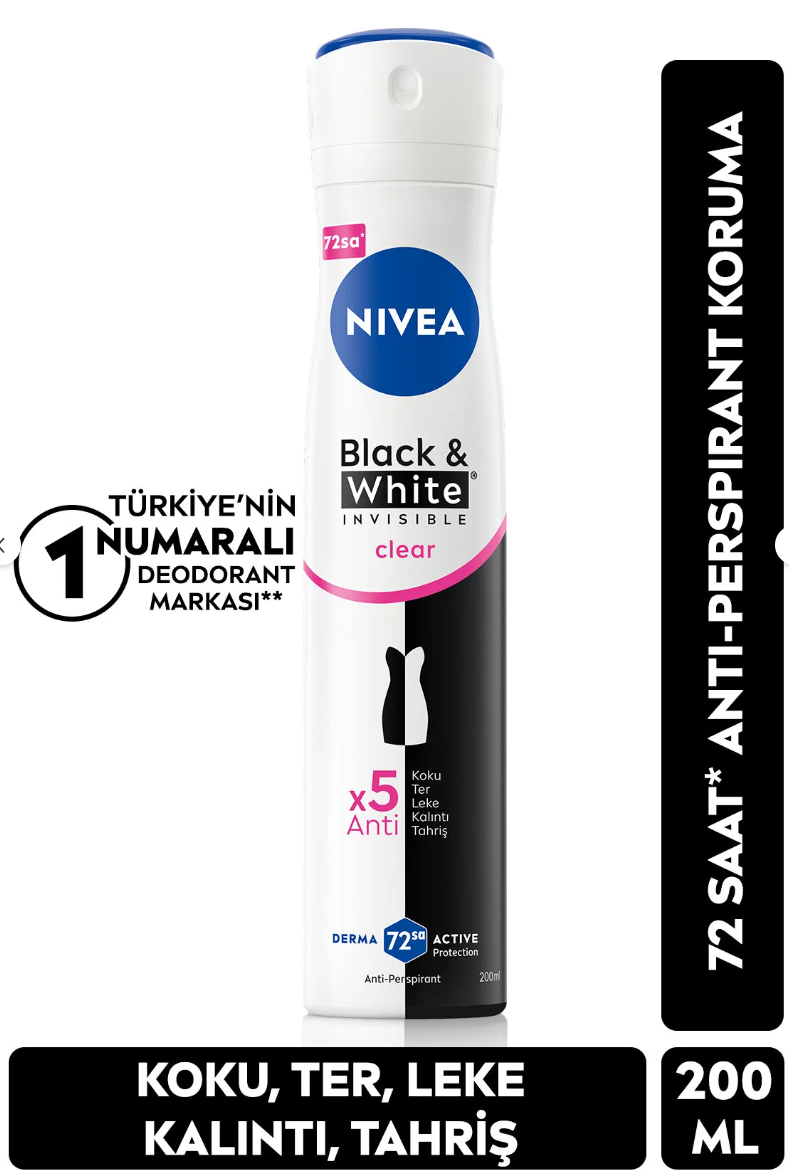 NIVEA Kadın Sprey Deodorant Black&White Invisible Clear 200ml, 72 Saat Ter Koruması, Leke Karşıtı,Alkolsüz