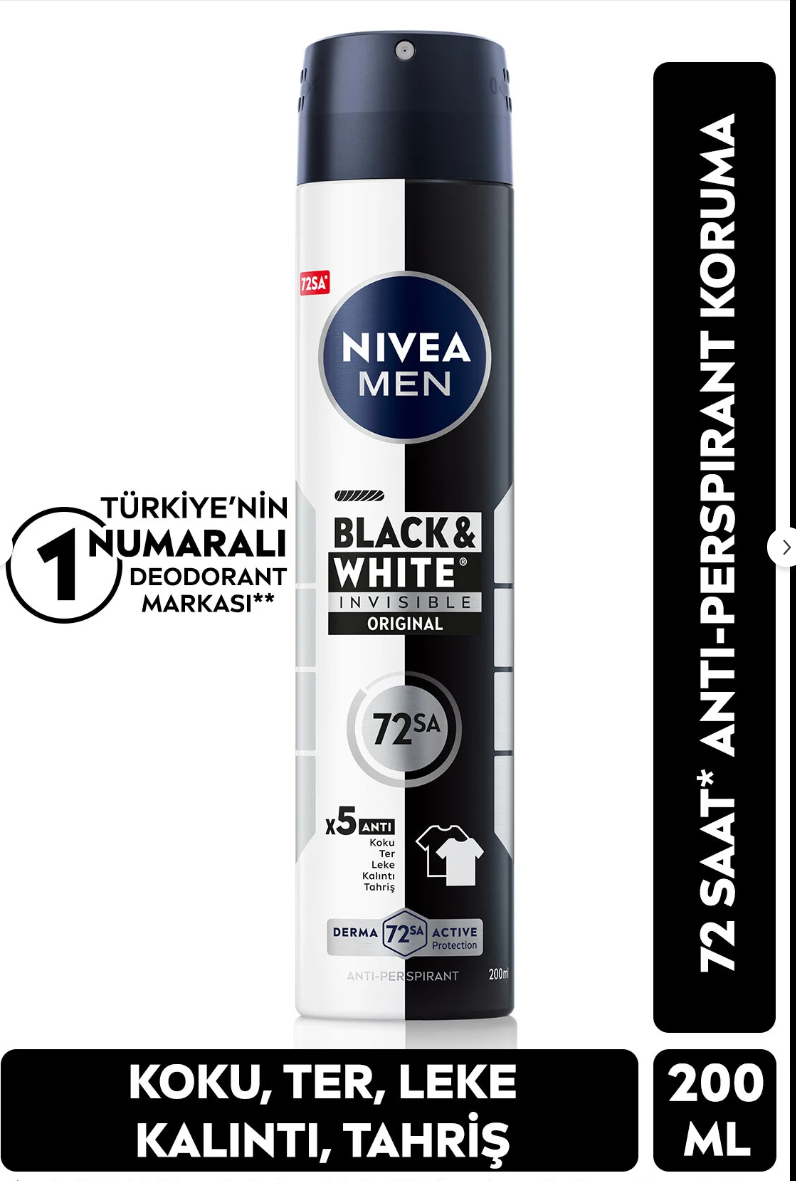 NIVEA MEN Erkek Sprey Deodorant Black&White Original 200ml, 72 Saat Ter Koruması, Leke Karşıtı, Alkolsüz