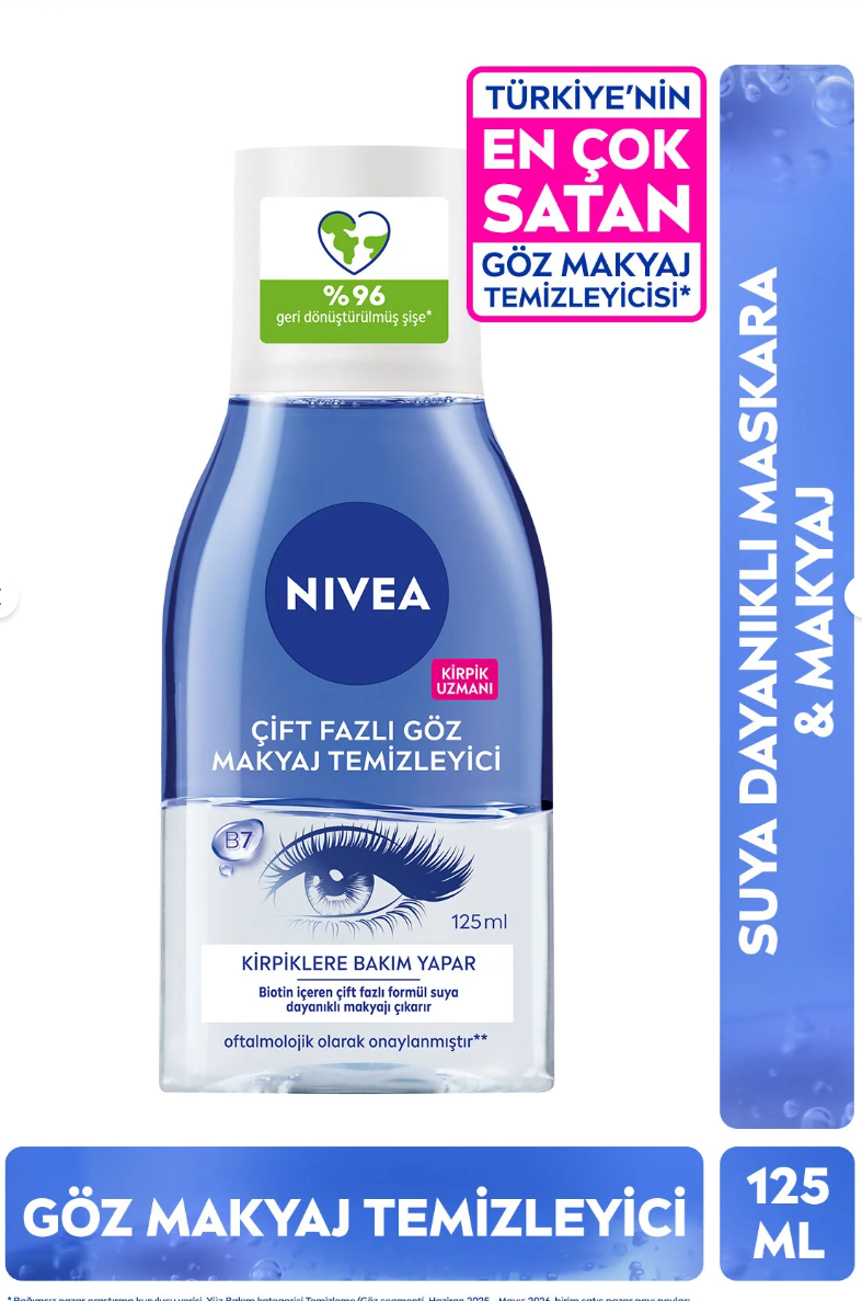 NIVEA Çift Fazlı Göz Makyaj Temizleyici 125 ml,Biotin,Kirpik Bakımı,Suya Dayanıklı Maskara ve Makyaj