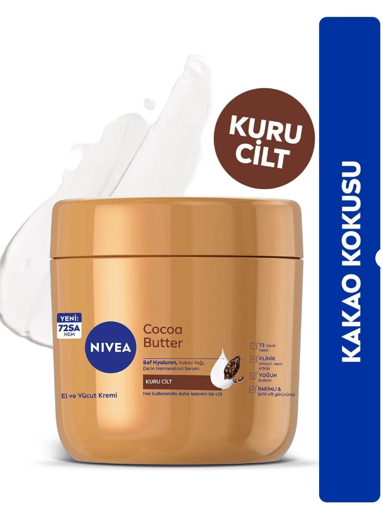 NIVEA Cocoa Butter El Ve Vücut Bakım Kremi 400ml, Kuru Ciltler için 72 Saat Nemlendirici, Saf Hyaluron