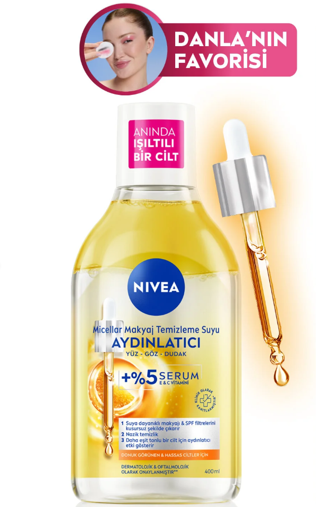 NIVEA Aydınlatıcı Micellar Makyaj Temizleme Suyu 400ml, Serum Etkili, C Vitamini, Cilt Tonu Eşitleyici