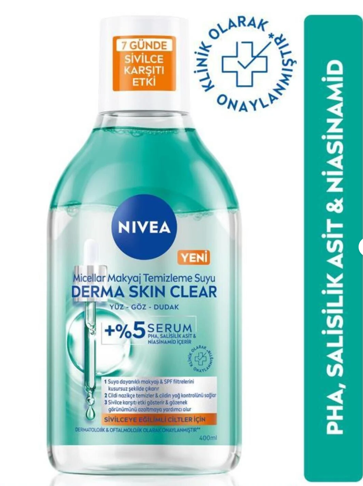 NIVEA Micellar Makyaj Temizleme Suyu Derma Skin Clear 400 ml,Sivilce Karşıtı,Niasinamid,Salisilik Asit,PHA