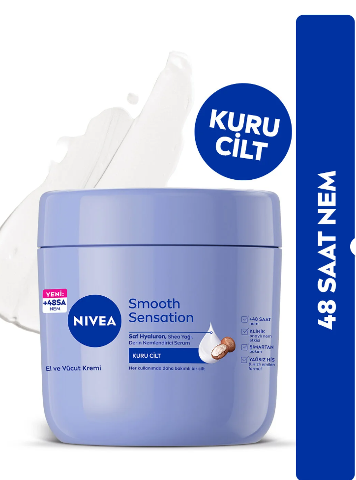 NIVEA Smooth Sensation El ve Vücut Bakım Kremi 400ml, Kuru Ciltler İçin 48 Saat Nemlendirici