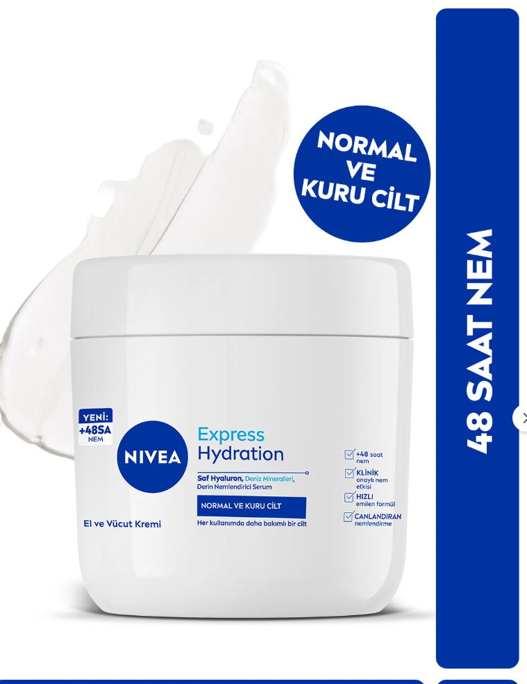 NIVEA Yoğun Nemlendirici El Ve Vücut Bakım Kremi Express Hydration 400ml, Kuru Cilt, Saf Hylaron