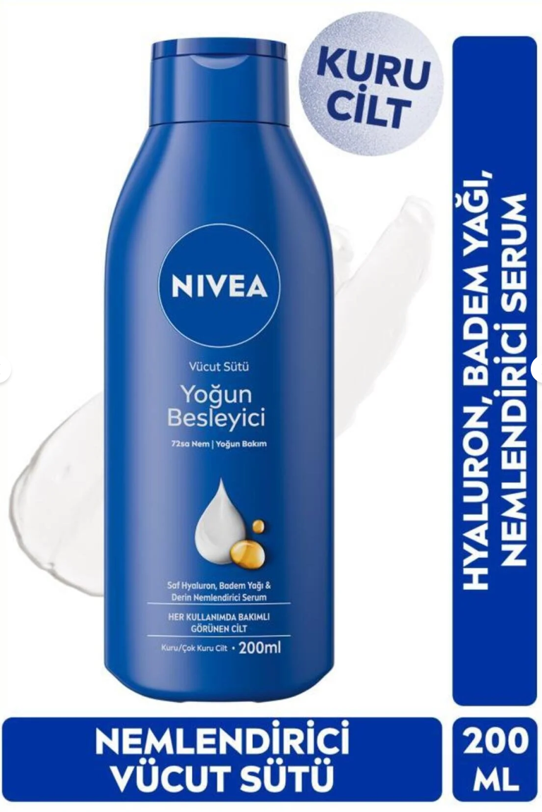 NIVEA Nemlendirici Vücut Sütü 200 ml,Yoğun Besleyici,Hyaluron,Badem Yağı,Kuru Cilt
