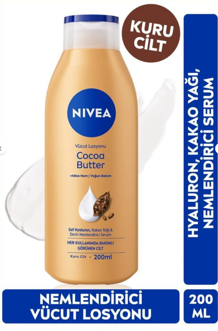 NIVEA Nemlendirici Vücut Losyonu Cocoa Butter 200 ml,Kakao Yağı,Hyaluron,Kuru Cilt