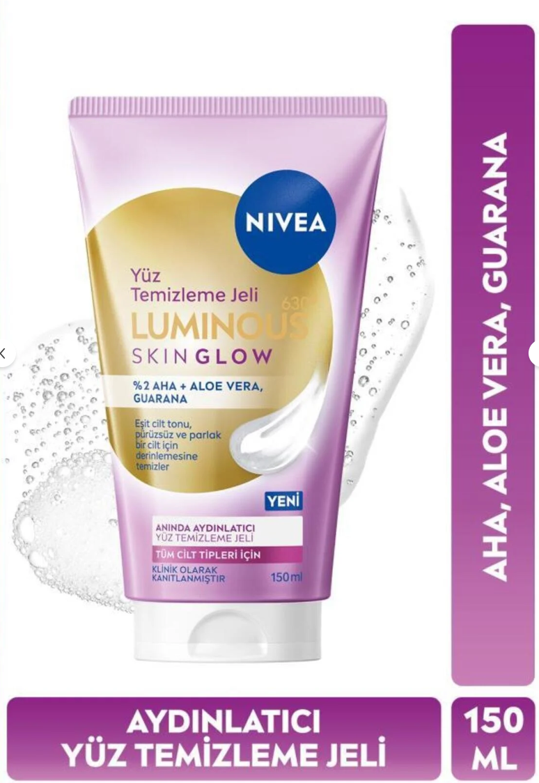 NIVEA Luminous630 Skin Glow Anında Aydınlatıcı Yüz Temizleme Jeli 150 ml, AHA, Aloe Vera, Eşit Cilt Tonu