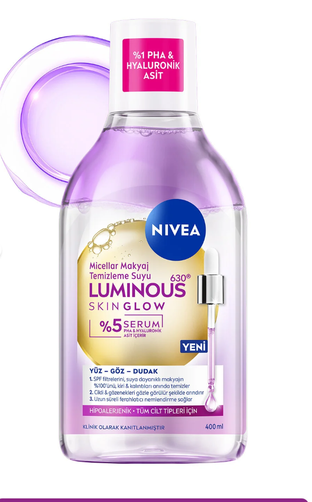 NIVEA Luminous630 Skin Glow Parlaklık Etkili Micellar Makyaj Temizleme Suyu 400ml, Serum, Hyaluronik Asit