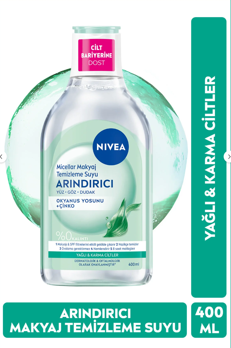 NIVEA Arındırıcı Micellar Makyaj Temizleme Suyu 400ml,Makyajı,SPF Filtrelerini Temizler,Karma,Yağlı Cilt