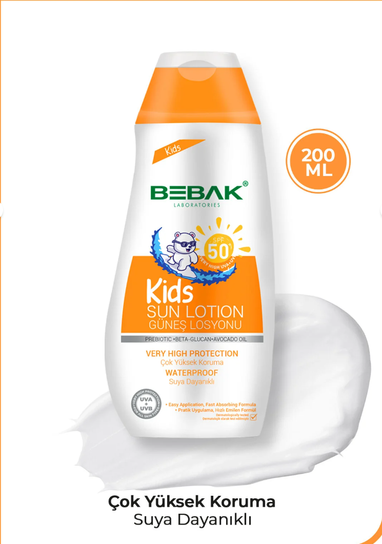Bebak SPF 50+ UVA/UVB Işınlarına Karşı Yüksek Koruma Etkili Çocuk Güneş Losyonu 200 ml