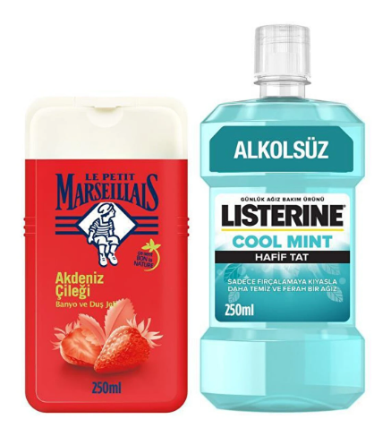 Listerine Cool Mint Hafif Tat Ağız Bakım Suyu 250 ml + Le Petit Marseillais Akdeniz Çileği Duş Jeli 250 ml