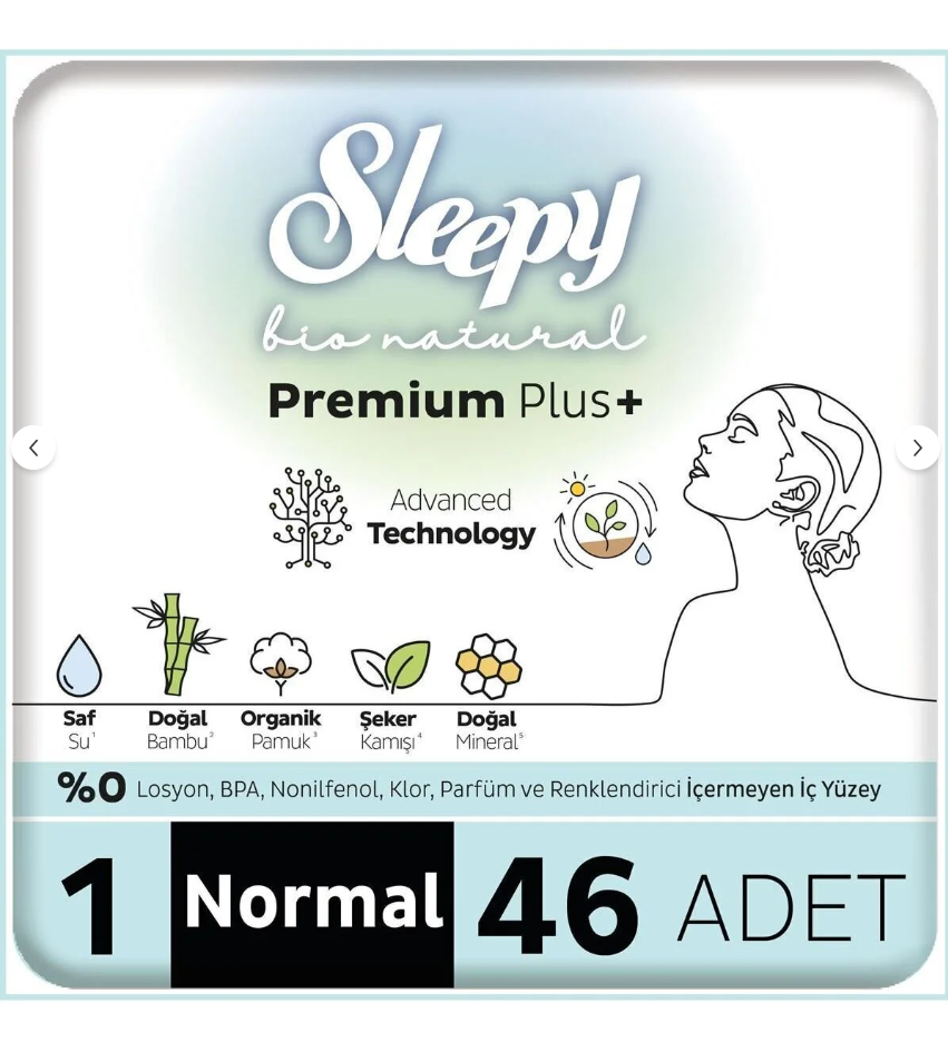 Sleepy Bio Natural Premium Plus Hijyenik Ped Mega Paket Normal 46 Adet