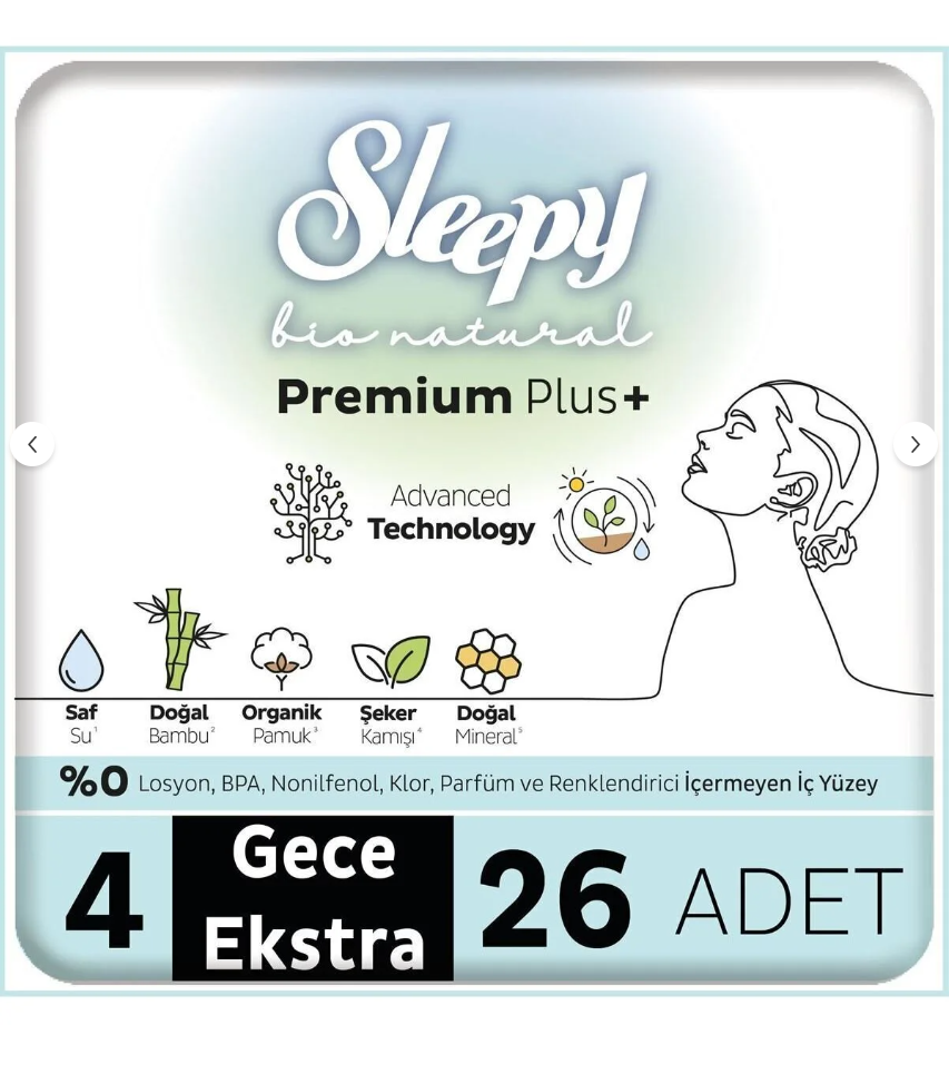 Sleepy Bio Natural Premium Plus Hijyenik Ped Mega Paket Gece Extra 26 Adet