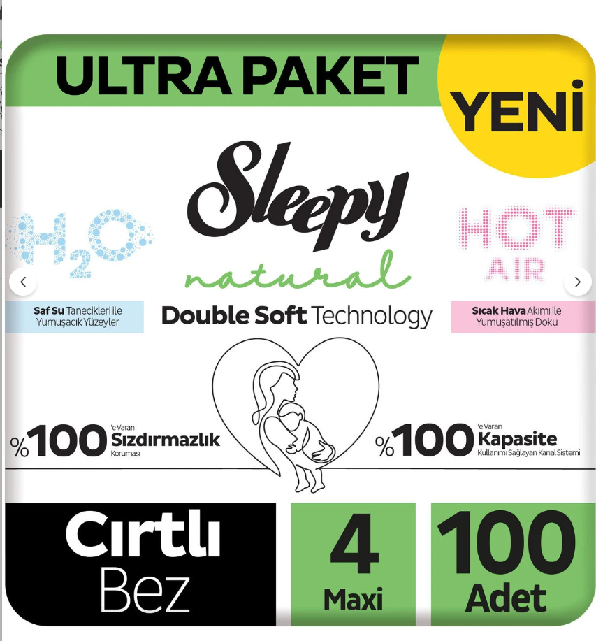 Sleepy Natural Double Soft Ultra Paket Bebek Bezi 4 Numara Maxi 100 Adet