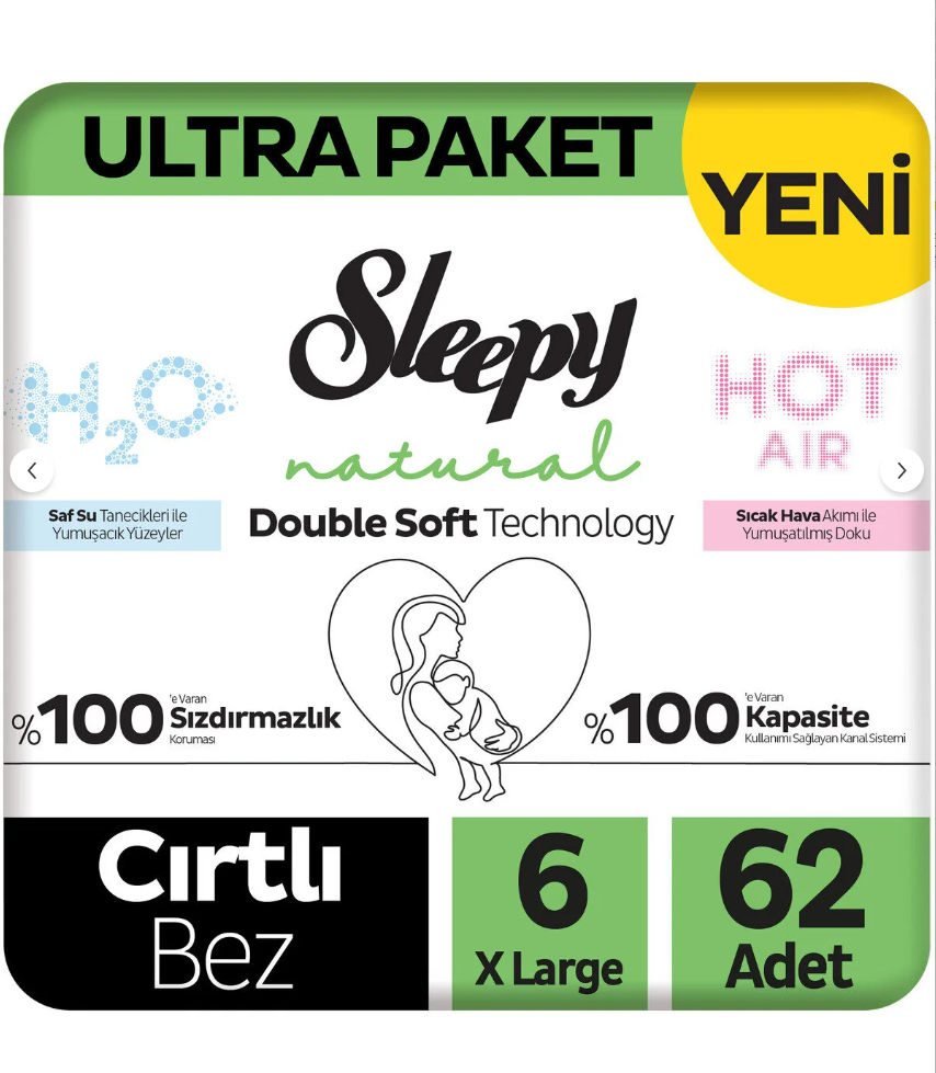 Sleepy Natural Double Soft Ultra Paket Bebek Bezi 6 Numara Xlarge 62 Adet