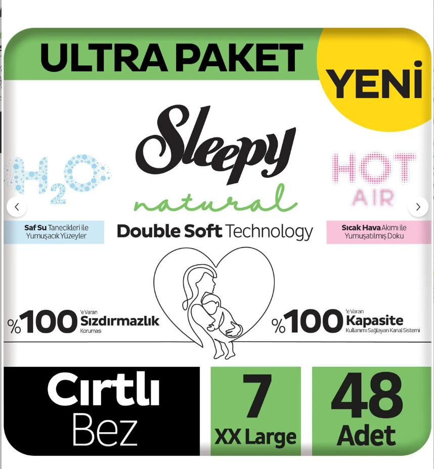 Sleepy Natural Double Soft Ultra Paket Bebek Bezi 7 Numara Xxlarge 48 Adet
