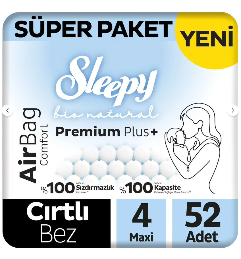 Sleepy Bio Natural Premium Plus Airbag Comfort Süper Paket Bebek Bezi 4 Numara Maxi 52 Adet
