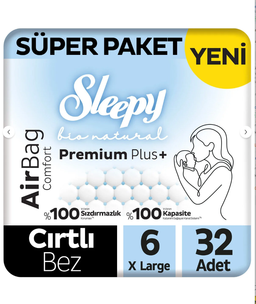 Sleepy Bio Natural Premium Plus Airbag Comfort Süper Paket Bebek Bezi 6 Numara Xlarge 32 Adet