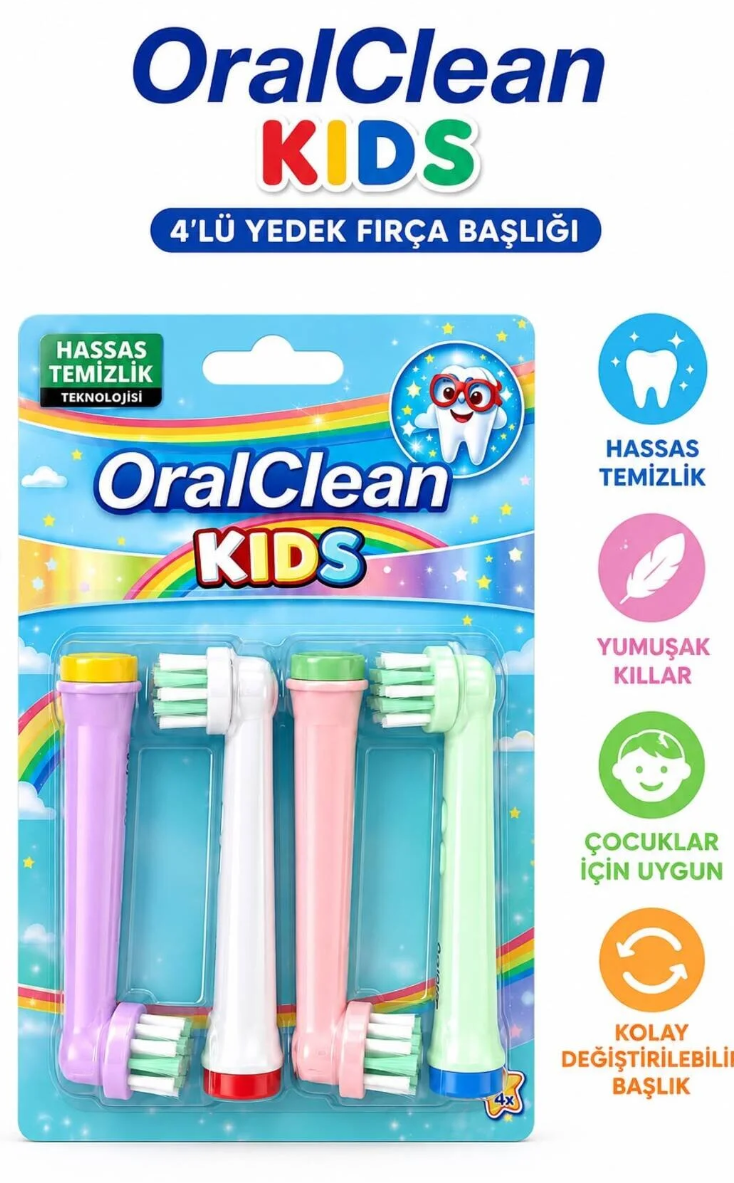 oral clean Kids 4’lü Yedek Diş Fırçası Başlığı Çocuklar İçin Uyumlu Yumuşak Kıllı Hassas Temizlik Fırça Başlığ