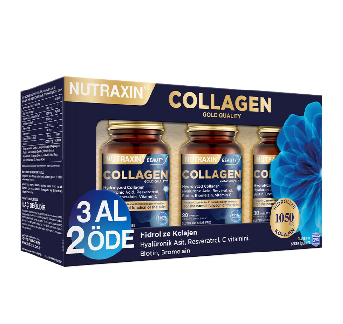 Nutraxin Hidrolize Kolajen 1050 Mg 3x30 Tablet Tip1 Tip3 Resveratrol Bromelain Biotin Hyalüronik asit Çinko