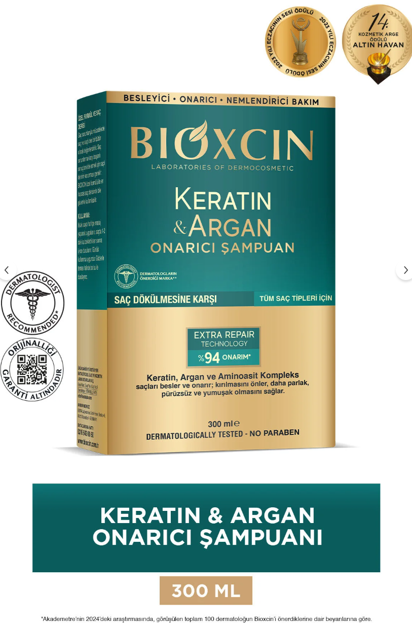 Bioxcin Keratin Argan Onarıcı Şampuan 300 ml – Yıpranmış ve Hassas Saçlar İçin